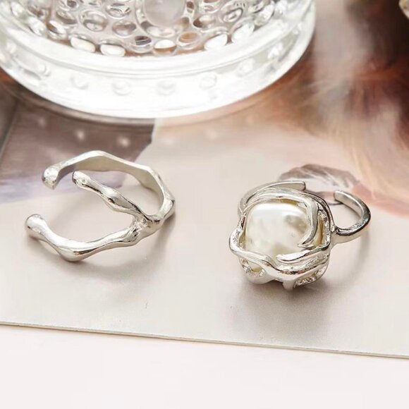 2pc Cresent Moon and Beautiful Faux Opal Accent, Adjustable Ring Set - Picture 4 of 5